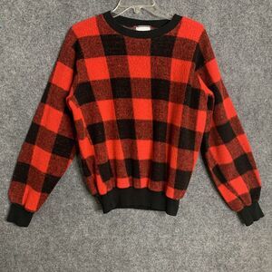 Track & Court Fleece Top Vintage Pullover Women M Red Black Buffalo Check